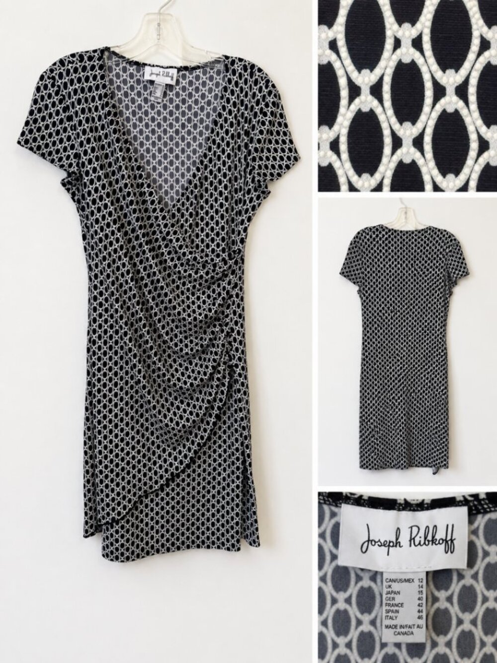 Joseph Ribkoff Black & White Geometric Faux Wrap Dress Size 12 Casual Date Night